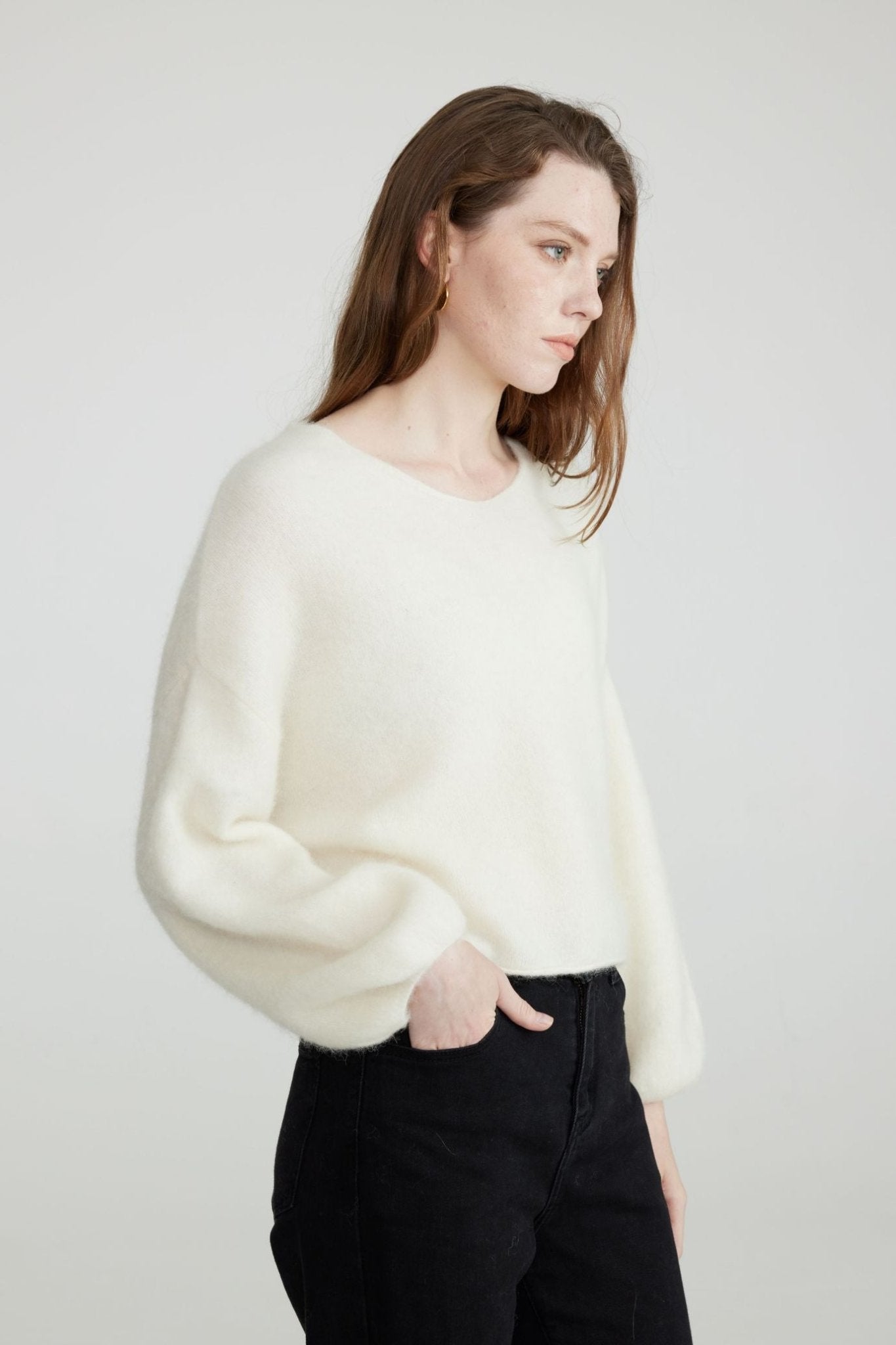 Sabrina White Furry White Alpaca Cropped Creneck - Whisper Mint
